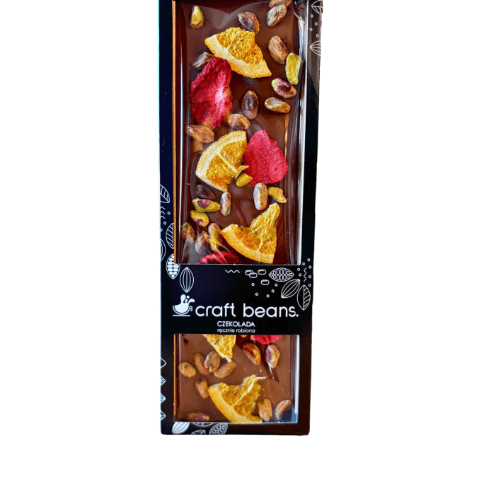 Czekolada mleczna z pistacjami, pomarańczą i truskawką #1